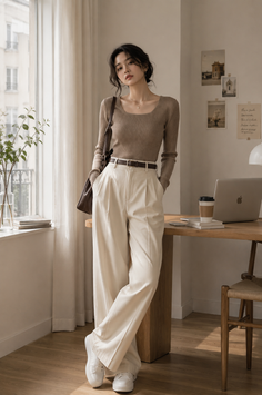 Woman in a brown long sleeve top and white wide leg pants indoors