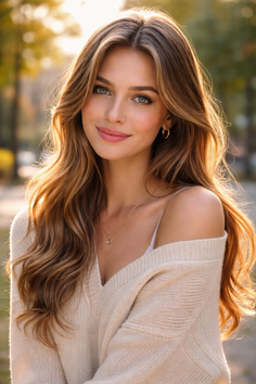 Woman with long blonde hair in a sweater outdoors during golden hour