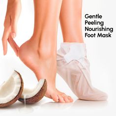 A person's bare feet with one wearing a foot mask, next to coconuts