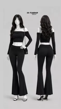 Mannequin in a black off-shoulder top and flare pants with a shoulder bag