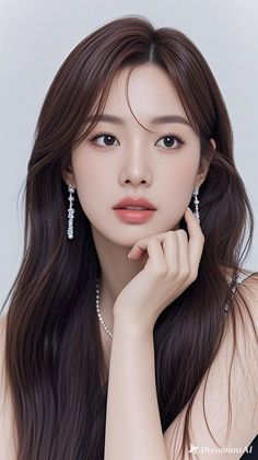 Woman with long brown hair and jewelry posing for a portrait