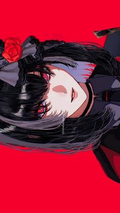 Anime style portrait of a character with black hair and red eyes, wearing a choker