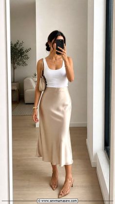 Woman in a white tank top and satin skirt taking a mirror selfie