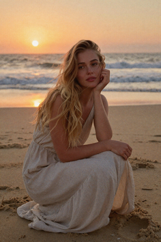 Woman with long blonde hair crouching on a beach at sunset