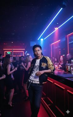 Man in a bomber jacket leaning on a bar counter in a neon-lit nightclub