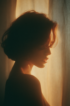 Woman with short hair in profile, backlit by golden hour light