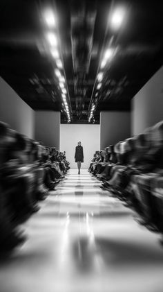 Model walking down a runway in a fashion show with motion blur