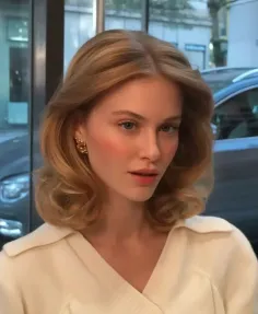Woman with blonde curly hair and earrings wearing a white top