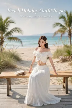 Woman in a white off-shoulder top and long skirt sitting on a bench at the beach