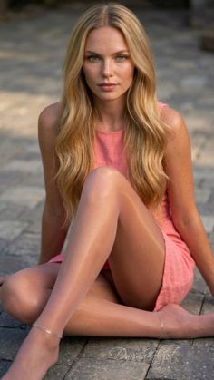 Woman with blonde hair and freckles wearing a pink dress and pantyhose, sitting outdoors