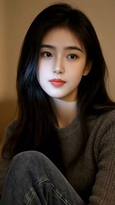Woman with long black hair wearing a gray sweater and jeans