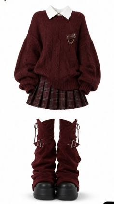 A maroon sweater with a white collar, plaid skirt, and platform boots