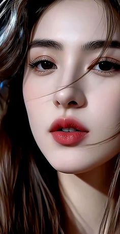 Close up portrait of a woman with long hair and red lipstick