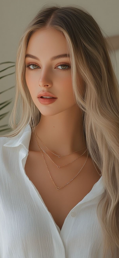 Woman with blonde hair and green eyes wearing a white shirt and layered necklaces