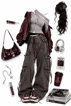Fashion flat lay featuring a dark aesthetic outfit with cargo pants and a leather jacket