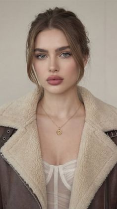 Woman with brown hair in an updo wearing a brown shearling jacket and gold necklace