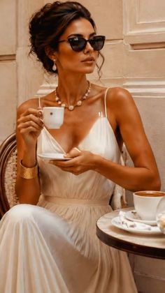 Woman in a white dress and sunglasses at an outdoor cafe