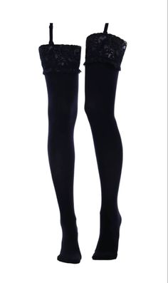 Pair of black thigh-high stockings with lace trim and garter straps