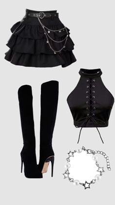 Collection of black clothing and accessories including a ruffled skirt and lace-up top