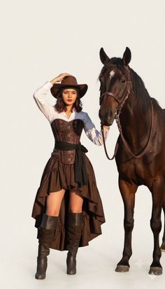 Woman in a cowgirl outfit with a horse against a white background