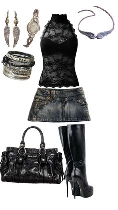 A flat lay of a black lace top, denim mini skirt, boots, and accessories