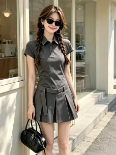 Woman in a gray polo dress with a pleated skirt and braids, holding a black handbag