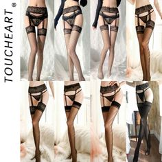 Multiple women modeling various black lace lingerie sets with stockings