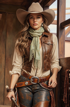 Woman in a cowboy hat and leather vest with a green scarf