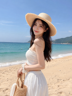 Woman in a straw hat and white outfit on a sunny beach