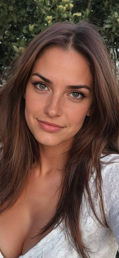 Woman with long brown hair and green eyes wearing a white top outdoors