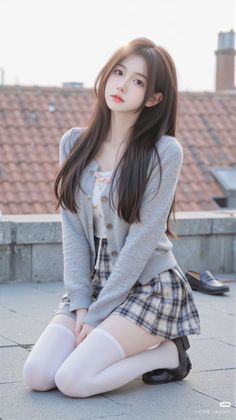 Woman with long hair in a plaid skirt and cardigan kneeling outdoors