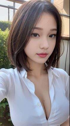 Woman with short brown hair wearing a white shirt with cleavage outdoors