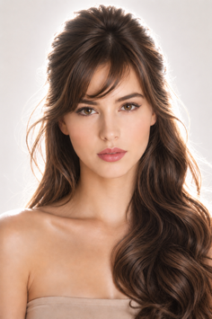 Woman with long brown hair and exposed shoulders, lit from behind