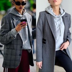 Two women wearing hoodies under blazers and coats, showcasing casual street style