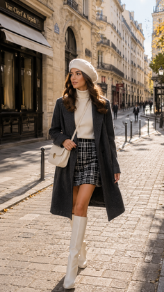 Woman in a long coat, beret, and plaid skirt walking on a city street