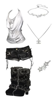 A collection of clothing and accessories including a white top, denim shorts, and fur boots