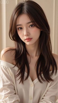 Woman with long brown hair wearing an off-shoulder top with exposed shoulders