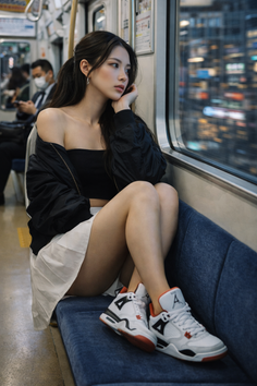 Woman in an off-shoulder top and mini skirt sitting in a subway car at night