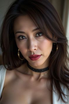 Woman with long hair, red lipstick, and a choker looking directly at the viewer