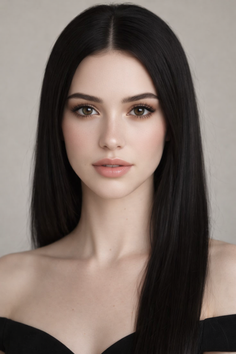 Woman with long black hair and brown eyes wearing a black off-shoulder top