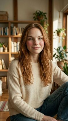 Woman with long red hair wearing a sweater and jeans indoors