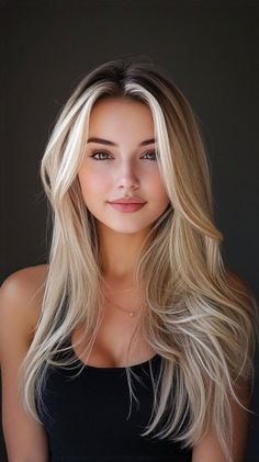 Woman with long blonde hair and green eyes wearing a black tank top