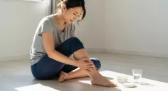 Woman sitting on the floor, massaging her leg in natural light
