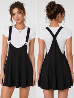 Woman in a black overall dress and white t-shirt, shown from front and back