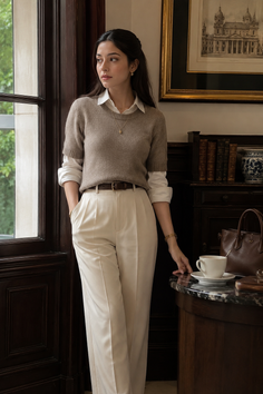 Woman in a brown sweater and white pants standing by a window indoors