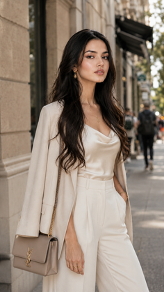 Woman in a beige blazer and wide-leg pants on a city street