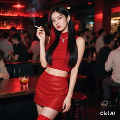 Woman in a red crop top and skirt holding a cigarette in a dimly lit bar