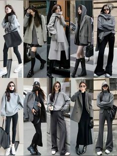 Collage of women in various gray and black outfits on city streets
