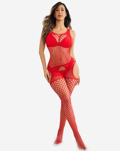 Woman in a red fishnet bodysuit posing against a white background