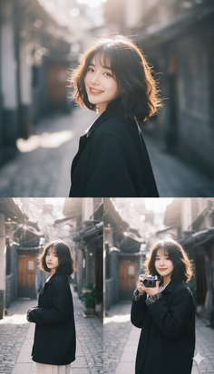 Woman with short hair in a black jacket on a street with backlight